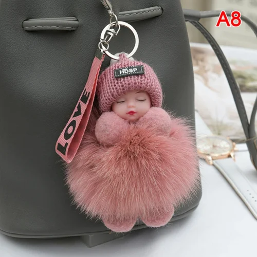 Pompom Sleeping Baby Keychain Cute Fluffy Plush Doll Keyholder Women Girl Bags Keyrings Cars Key Ring Gift Charming Decoration
