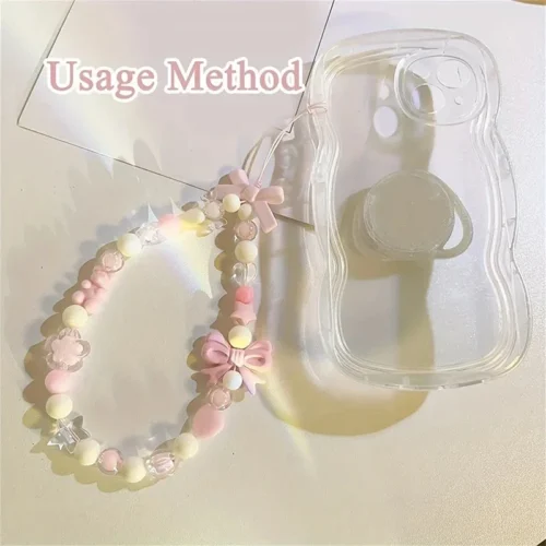 Pink Bowknot Bear Star Flower Cellphone Lanyard Phone Chains For Women Girls Sweet Pearl Phone Charm Strap Anti-lost Accessories