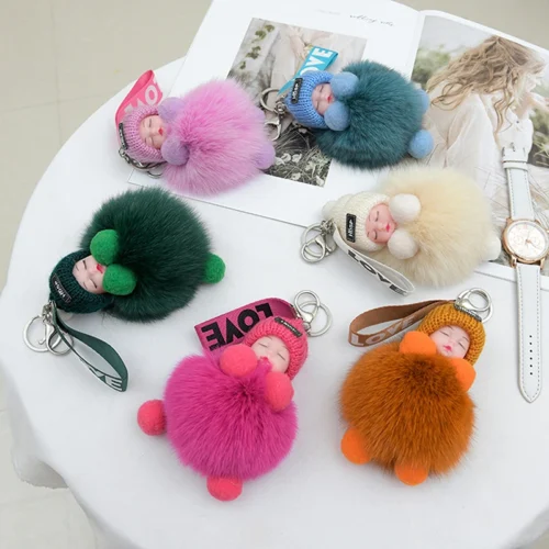 Pompom Sleeping Baby Keychain Cute Fluffy Plush Doll Keyholder Women Girl Bags Keyrings Cars Key Ring Gift Charming Decoration