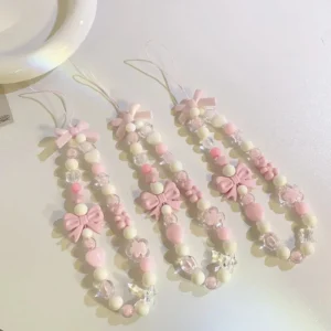 Pink Bowknot Bear Star Flower Cellphone Lanyard Phone Chains For Women Girls Sweet Pearl Phone Charm Strap Anti-lost Accessories