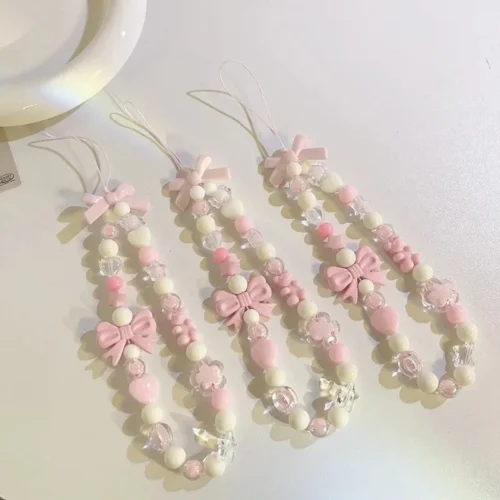 Pink Bowknot Bear Star Flower Cellphone Lanyard Phone Chains For Women Girls Sweet Pearl Phone Charm Strap Anti-lost Accessories