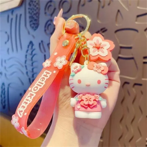 Sanrio Keychain Cinnamoroll Hello Kitty Keychains Kawaii Kuromi Melody Pendant Keyring Cute Girls Pompom Purin Key Chain Gifts