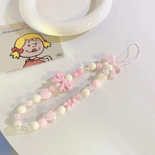 Pink Bowknot Bear Star Flower Cellphone Lanyard Phone Chains For Women Girls Sweet Pearl Phone Charm Strap Anti-lost Accessories