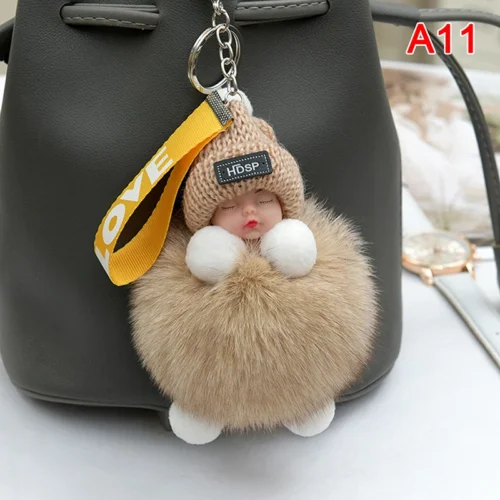 Pompom Sleeping Baby Keychain Cute Fluffy Plush Doll Keyholder Women Girl Bags Keyrings Cars Key Ring Gift Charming Decoration