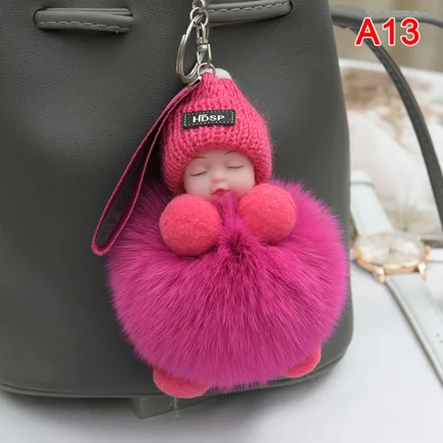 Pompom Sleeping Baby Keychain Cute Fluffy Plush Doll Keyholder Women Girl Bags Keyrings Cars Key Ring Gift Charming Decoration