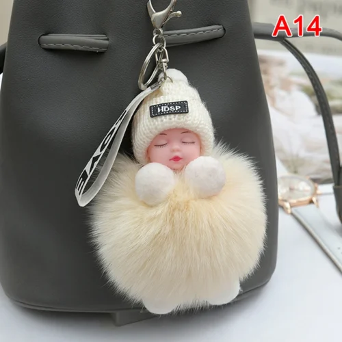 Pompom Sleeping Baby Keychain Cute Fluffy Plush Doll Keyholder Women Girl Bags Keyrings Cars Key Ring Gift Charming Decoration