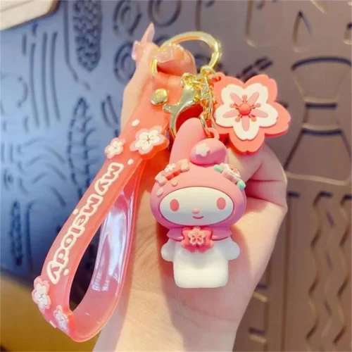 Sanrio Keychain Cinnamoroll Hello Kitty Keychains Kawaii Kuromi Melody Pendant Keyring Cute Girls Pompom Purin Key Chain Gifts