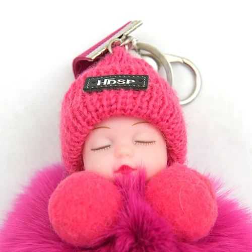 Pompom Sleeping Baby Keychain Cute Fluffy Plush Doll Keyholder Women Girl Bags Keyrings Cars Key Ring Gift Charming Decoration