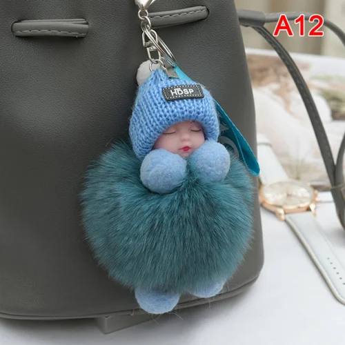 Pompom Sleeping Baby Keychain Cute Fluffy Plush Doll Keyholder Women Girl Bags Keyrings Cars Key Ring Gift Charming Decoration