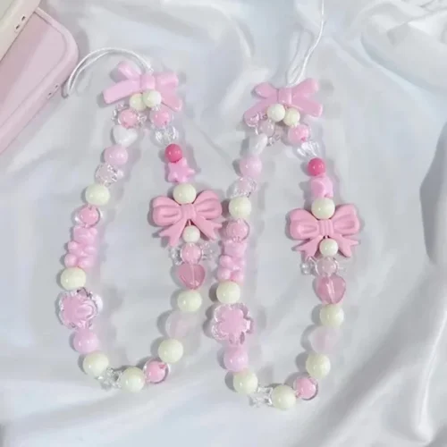 Pink Bowknot Bear Star Flower Cellphone Lanyard Phone Chains For Women Girls Sweet Pearl Phone Charm Strap Anti-lost Accessories