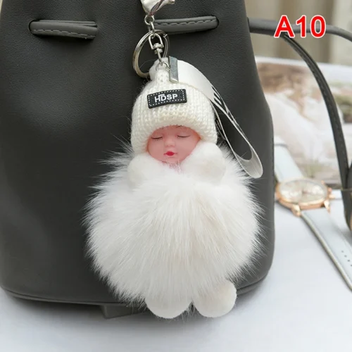 Pompom Sleeping Baby Keychain Cute Fluffy Plush Doll Keyholder Women Girl Bags Keyrings Cars Key Ring Gift Charming Decoration