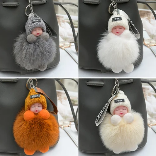 Pompom Sleeping Baby Keychain Cute Fluffy Plush Doll Keyholder Women Girl Bags Keyrings Cars Key Ring Gift Charming Decoration