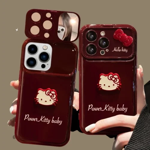 Cute Bow Kitty with Mirror Phone Case For iPhone 17 16 15 14 13 12 Pro Max Plus 11 XR 7 8 6